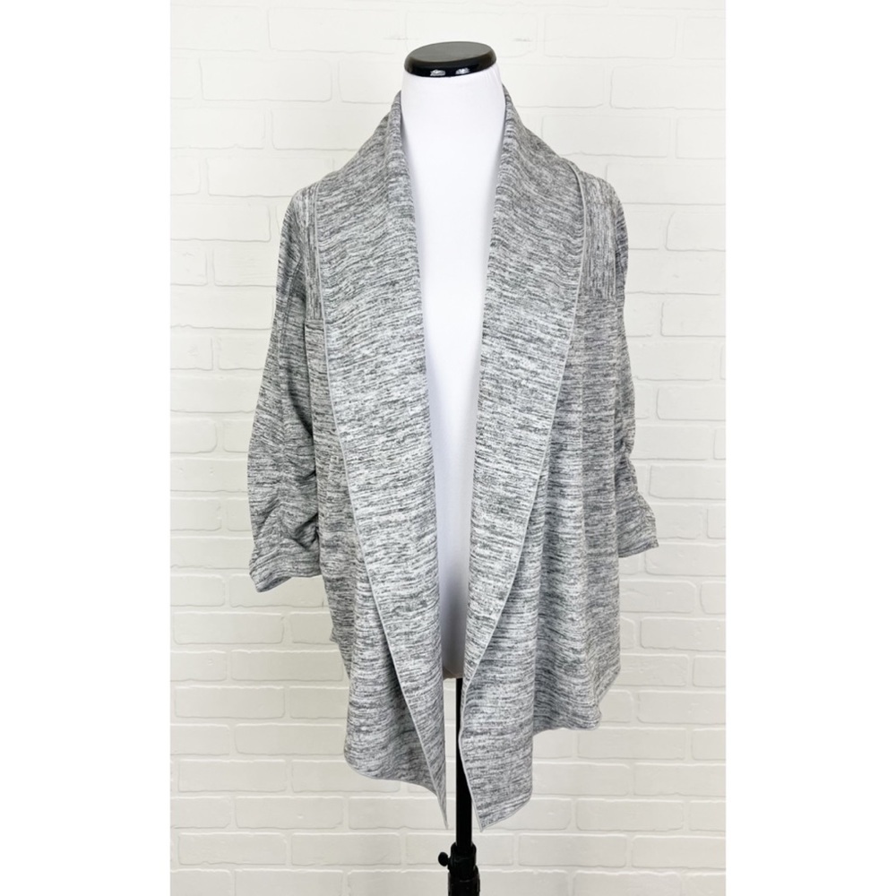 Athleta Open Front Cardigan Sweater Pockets Ruched Sleeves Heathered Gray XS